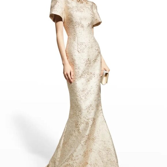 NWT Teri Jon Rickie Freeman Gold Beaded Jacquard Trumpet Gown Size 2 - Picture 9 of 12